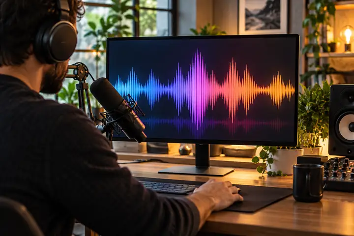 Ein heller, moderner Audio-Arbeitsplatz mit Kopfhörern, einem Mikrofon und einem Bildschirm mit bunten Schallwellen, frontal fotografiert
