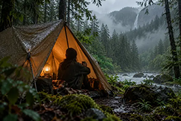 Regen, der in einem nebligen grünen Wald auf ein kleines Zelt aus Segeltuch fällt
