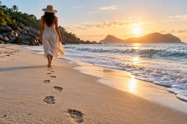 Fußspuren, die im weichen Morgenlicht durch hellen Sand am Meer führen